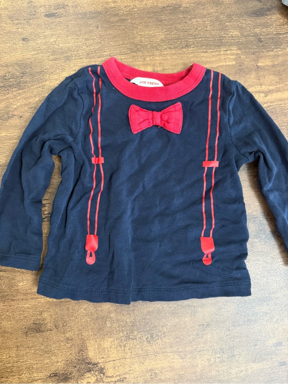 ⭐️5 for $20⭐️ Joe Fresh Navy Top with Red Bow-Tie and Suspenders Print 6-12M